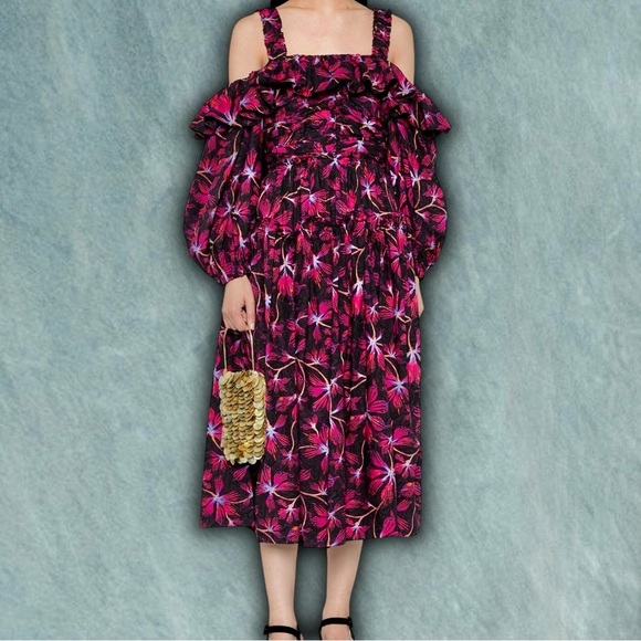 NWOT Ulla Johnson ‘Caprice’ Black & Pink Floral-Print Cotton Midi Dress Size 8 - Picture 1 of 16